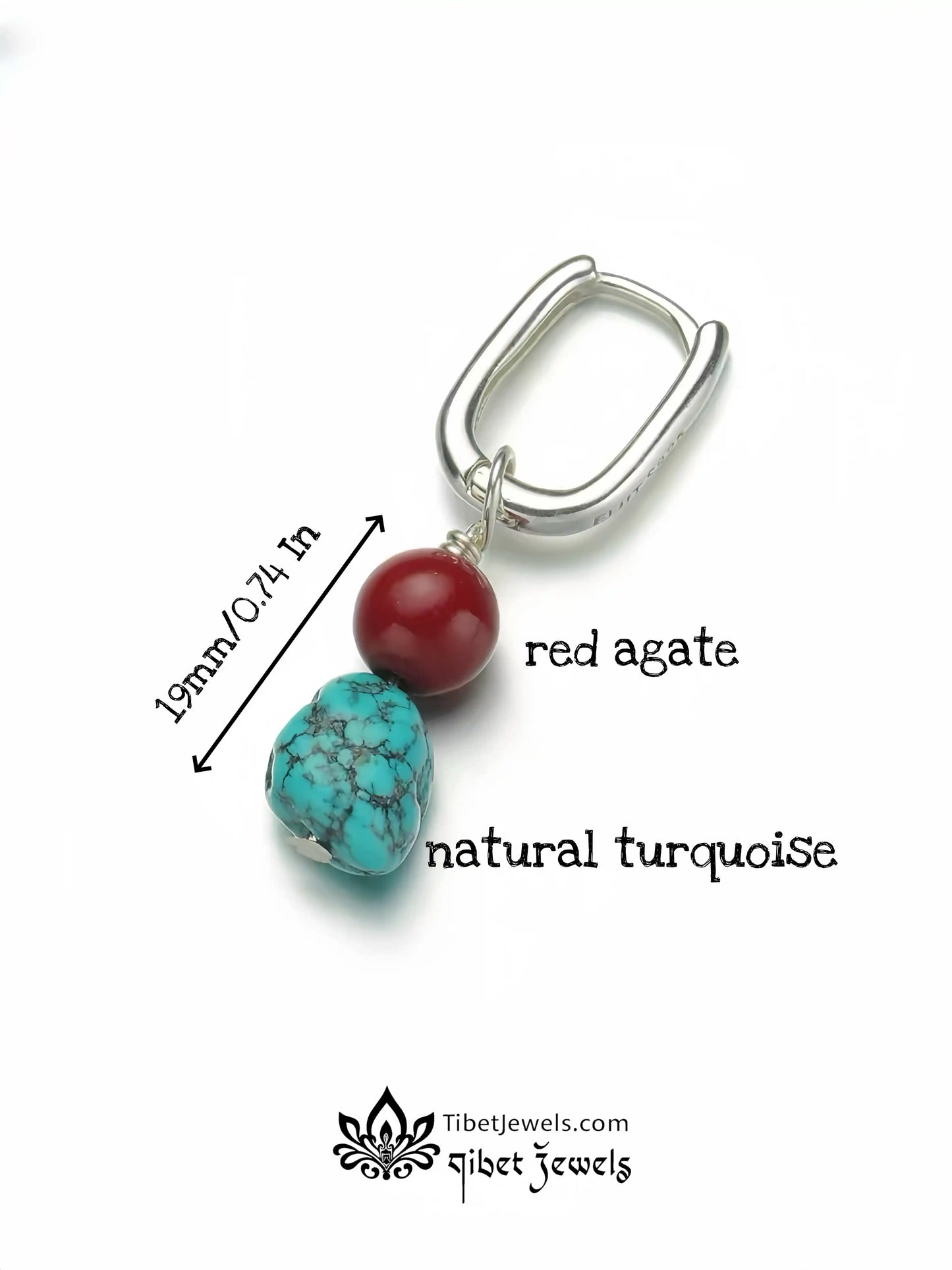Close-up of natural turquoise stone and red agate bead on a silver-plated huggie hoop.