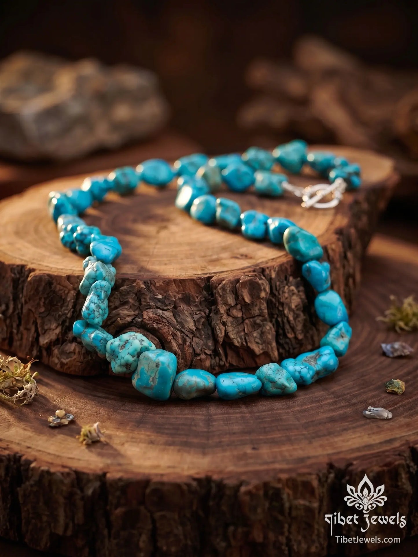 Detail of silver-plated copper toggle clasp on The Untamed Sky raw turquoise necklace.