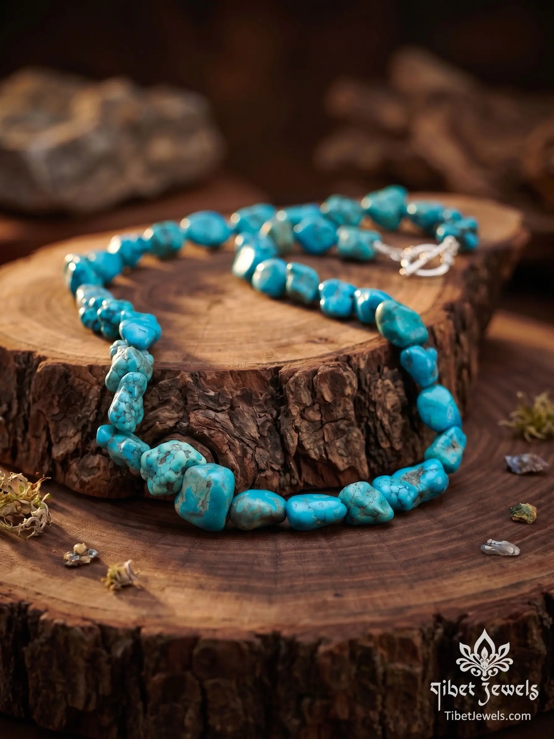 Detail of silver-plated copper toggle clasp on The Untamed Sky raw turquoise necklace.