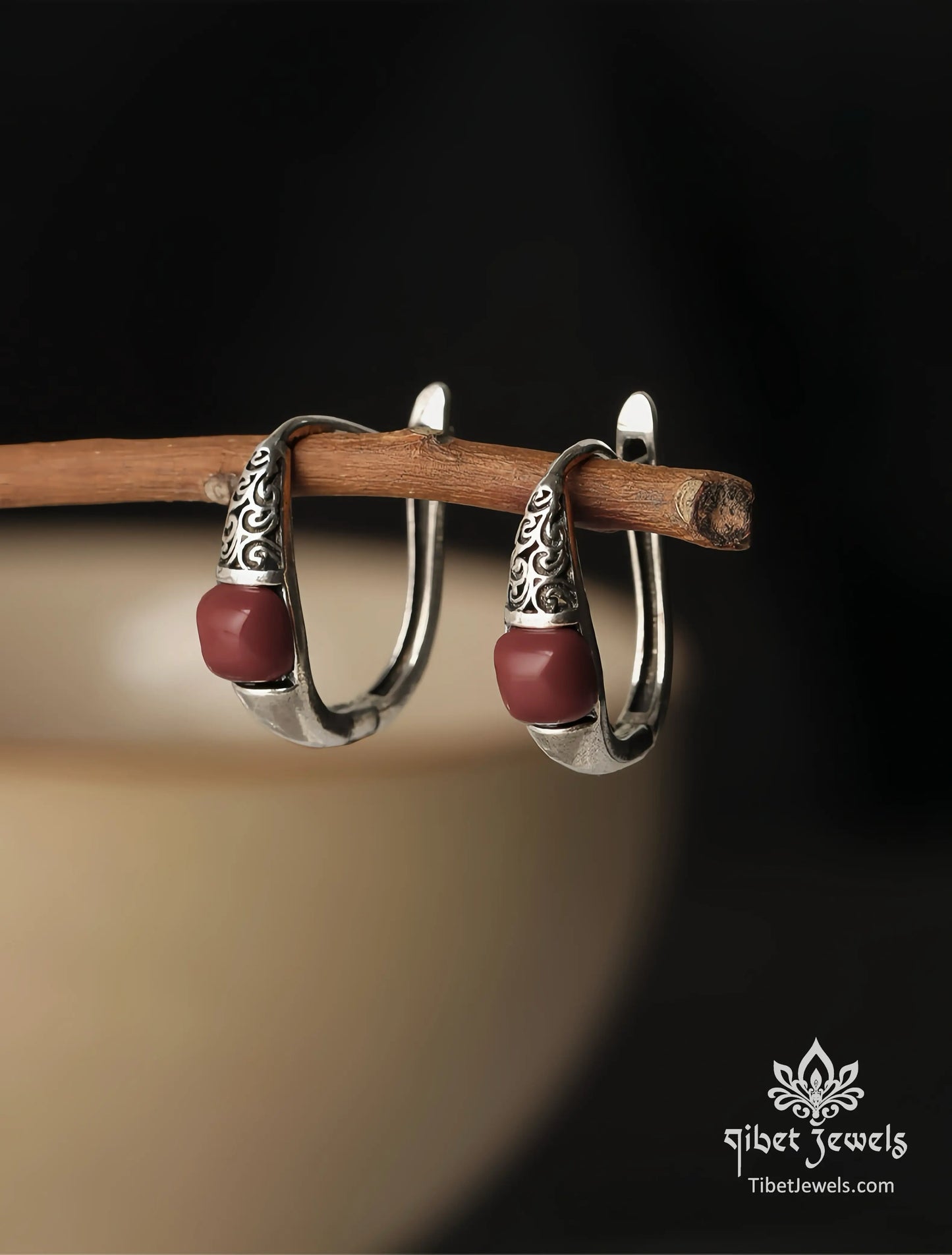 Tibetan silver "Auspicious Skies" cloud earrings with South Red Agate bead.
