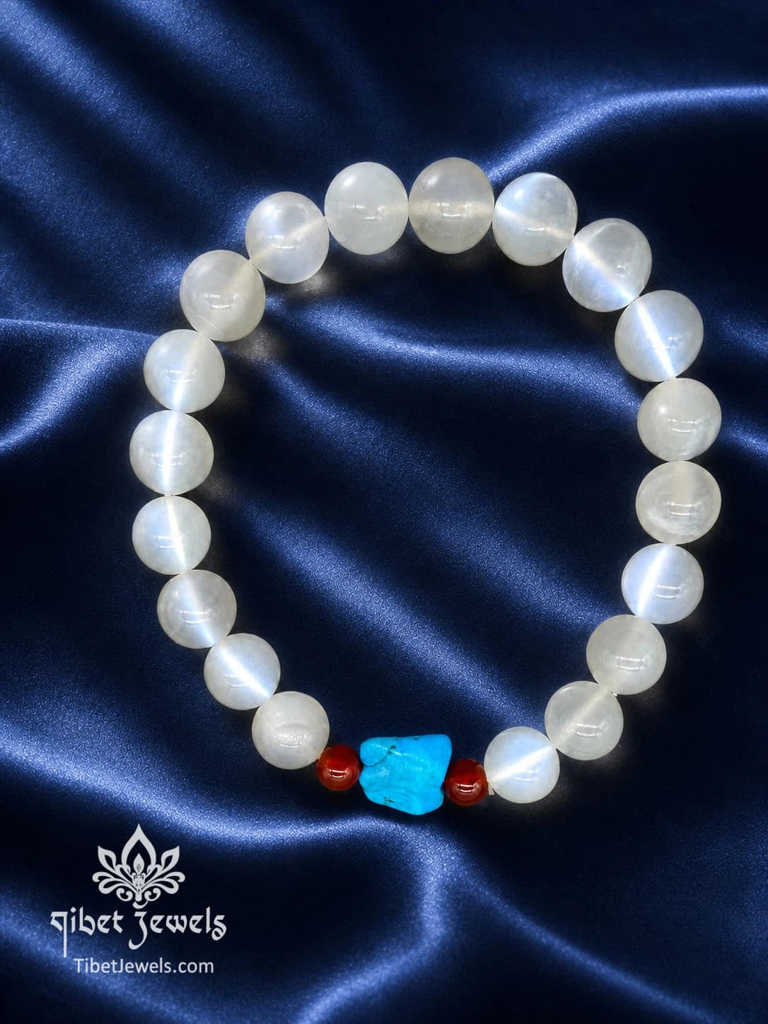 The "Moonlit Passage" White Moonstone & Turquoise Bracelet | Red Agate Accent