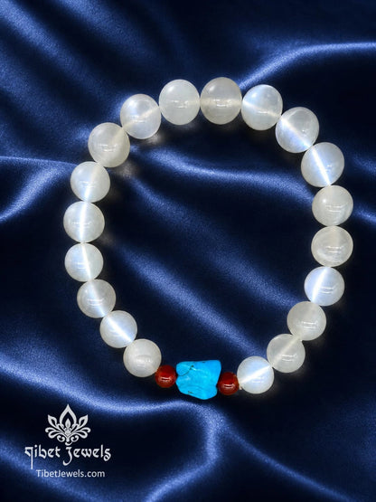 The "Moonlit Passage" White Moonstone & Turquoise Bracelet | Red Agate Accent