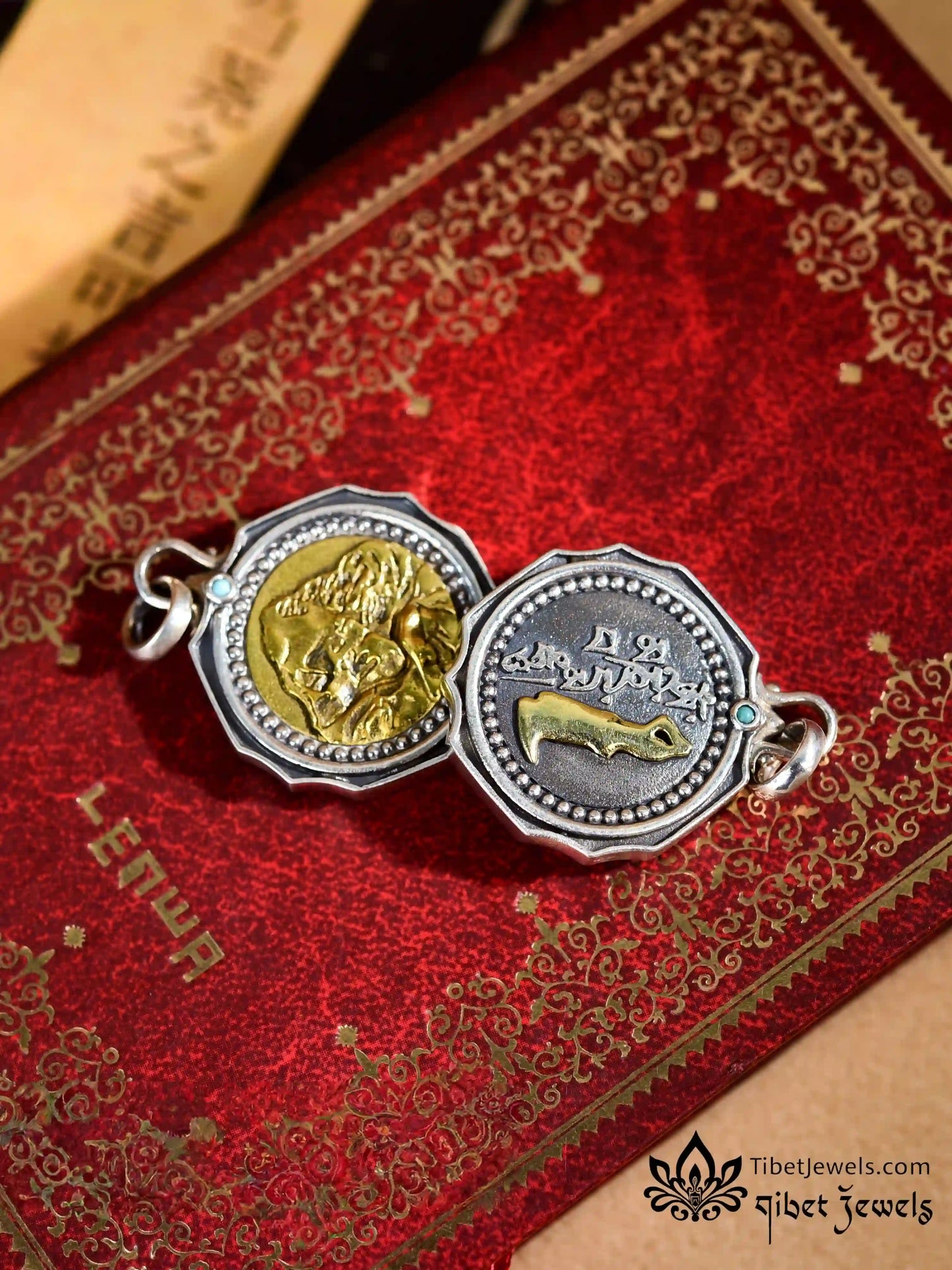 Tibetan Mount Kailash S925 silver and brass pendant with turquoise, 27.3mm tall, chain shown not included.