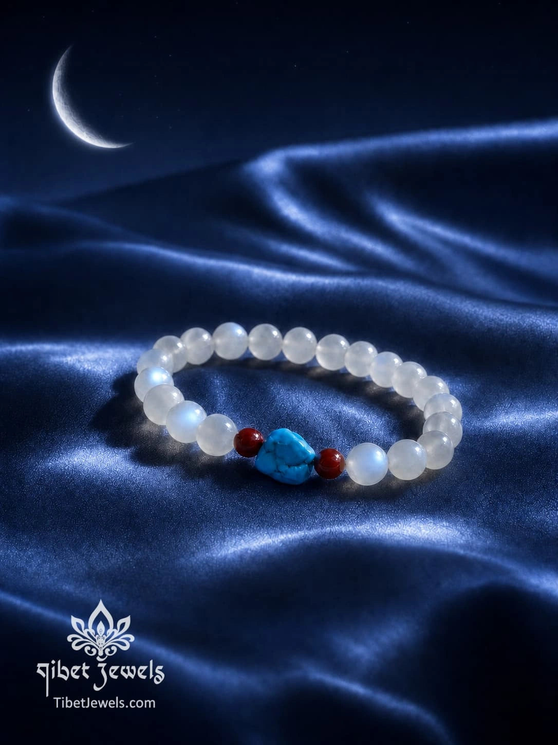 The "Moonlit Passage" White Moonstone & Turquoise Bracelet | Red Agate Accent