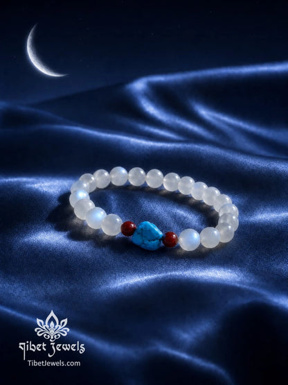 The "Moonlit Passage" White Moonstone & Turquoise Bracelet | Red Agate Accent