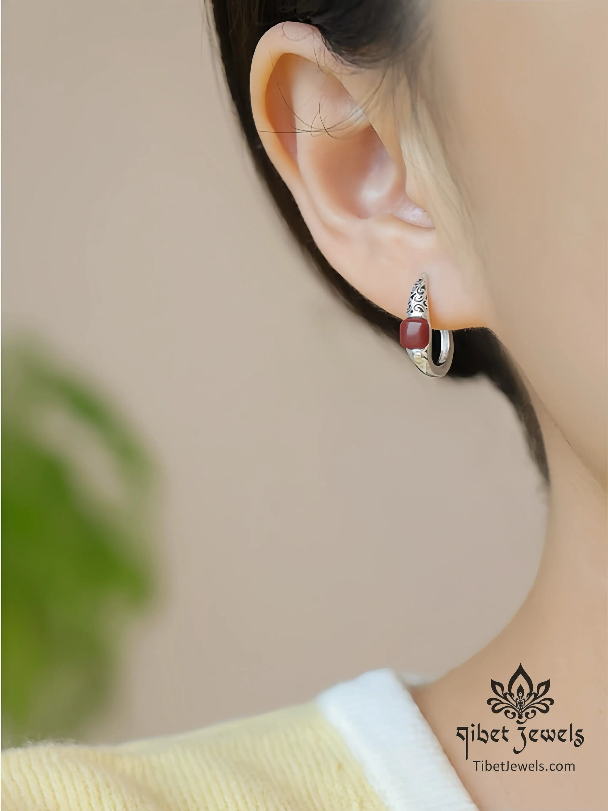 South Red Agate cloud lever-back earrings worn, ~18mm Tibetan silver drop.