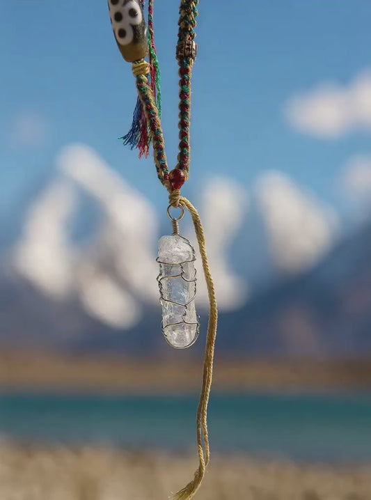 Clear Quartz Amulet Necklace with Dzi Bead & Handwoven Cord