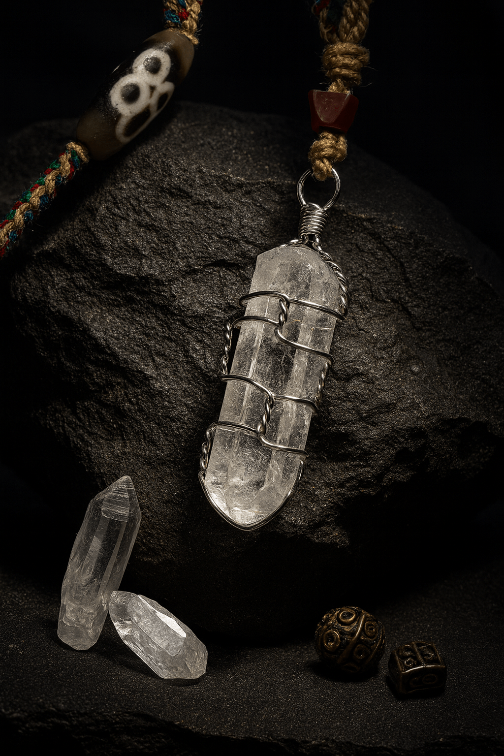 Clear Quartz Amulet Necklace with Dzi Bead & Handwoven Cord - Tibet Jewels